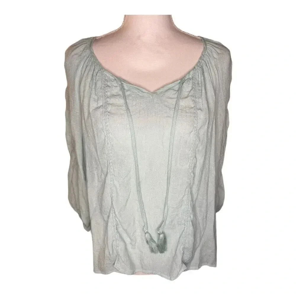 Zac & Rachel Women’s Medium Blue Tie Neckline Lightweight Bohemian Top